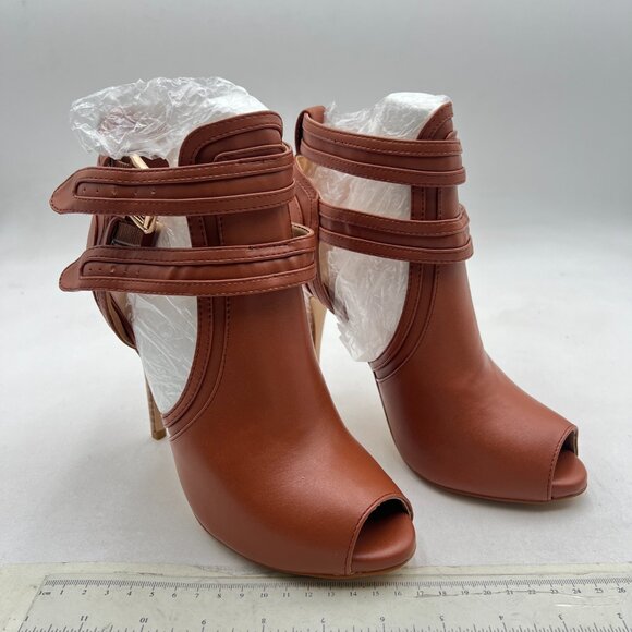 XYD Brown Peep Toe Sandal Ankle Booties Dual Buckled Straps Stiletto Heels Pumps - Picture 4 of 8